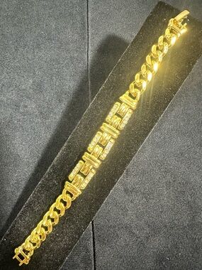 NOS/ Vtg Heavy Gold Plated 3-Square Rhinestone Link Bracelet